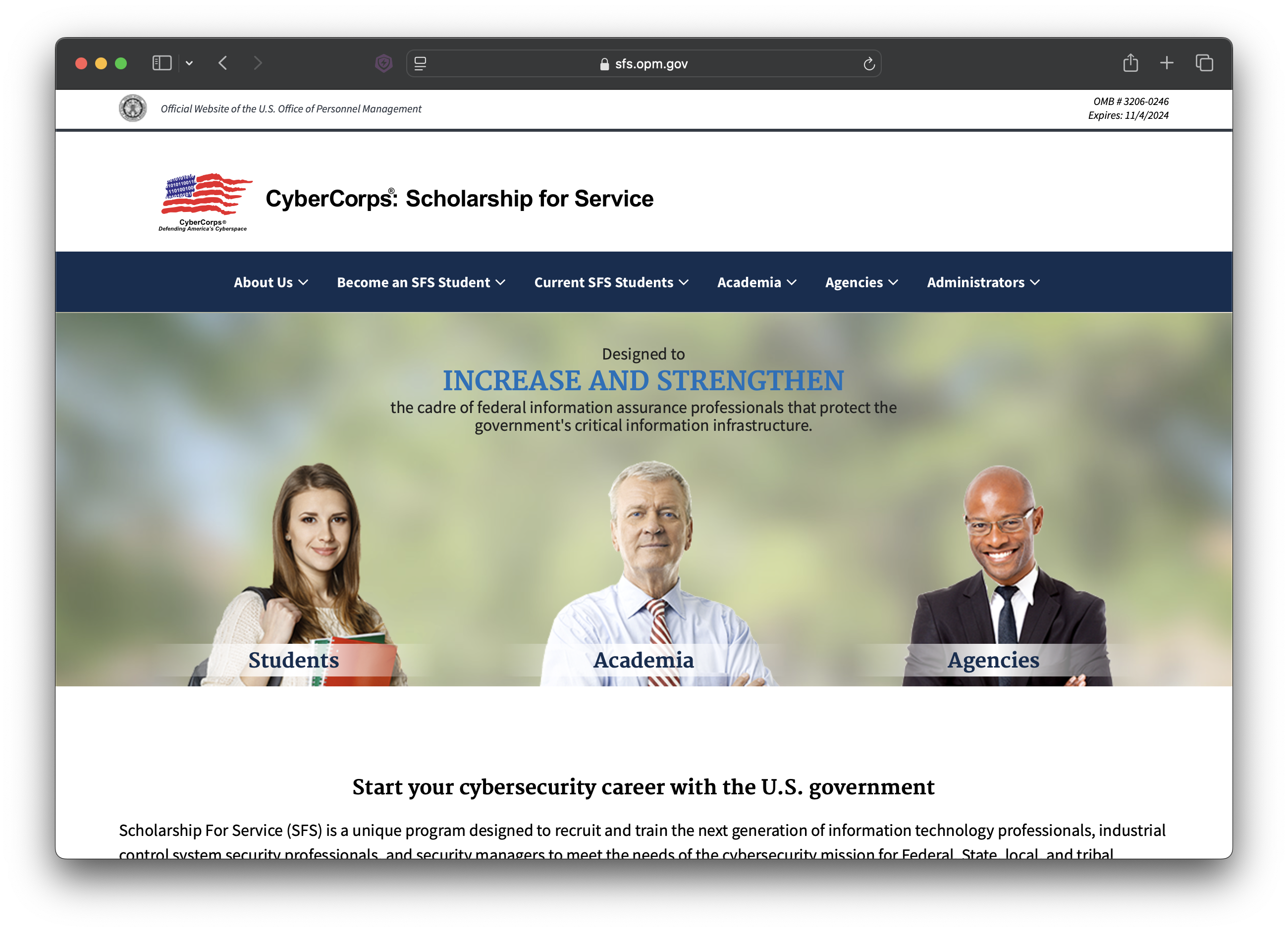 Homepage of Scholarship for Service: Cybercorps website